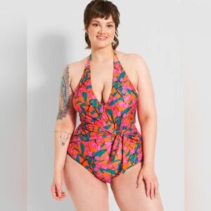ModCloth "The Brooke" Orange Cherry Print Halter One-Piece Swimsuit